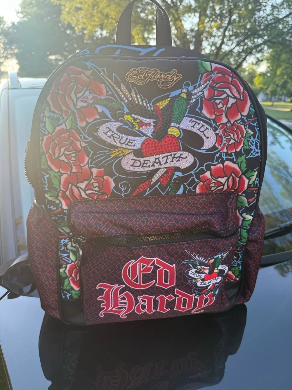 Ed Hardy Black & Red Floral 'True Death' Logo Backpack UNISEX